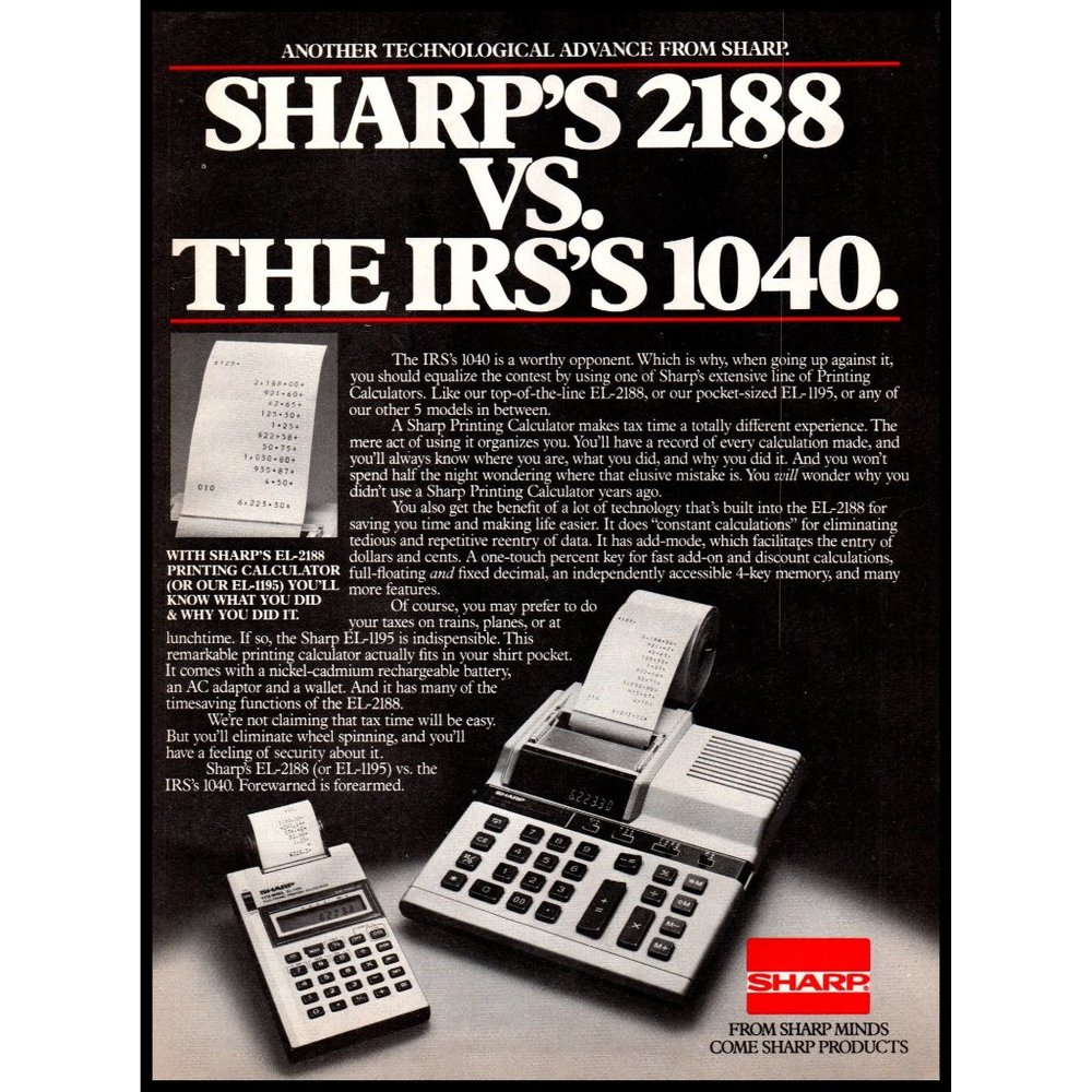 1982 Sharp EL-2188 Electronic Calculator Vintage Print Ad EL-1195 Wall Art Photo